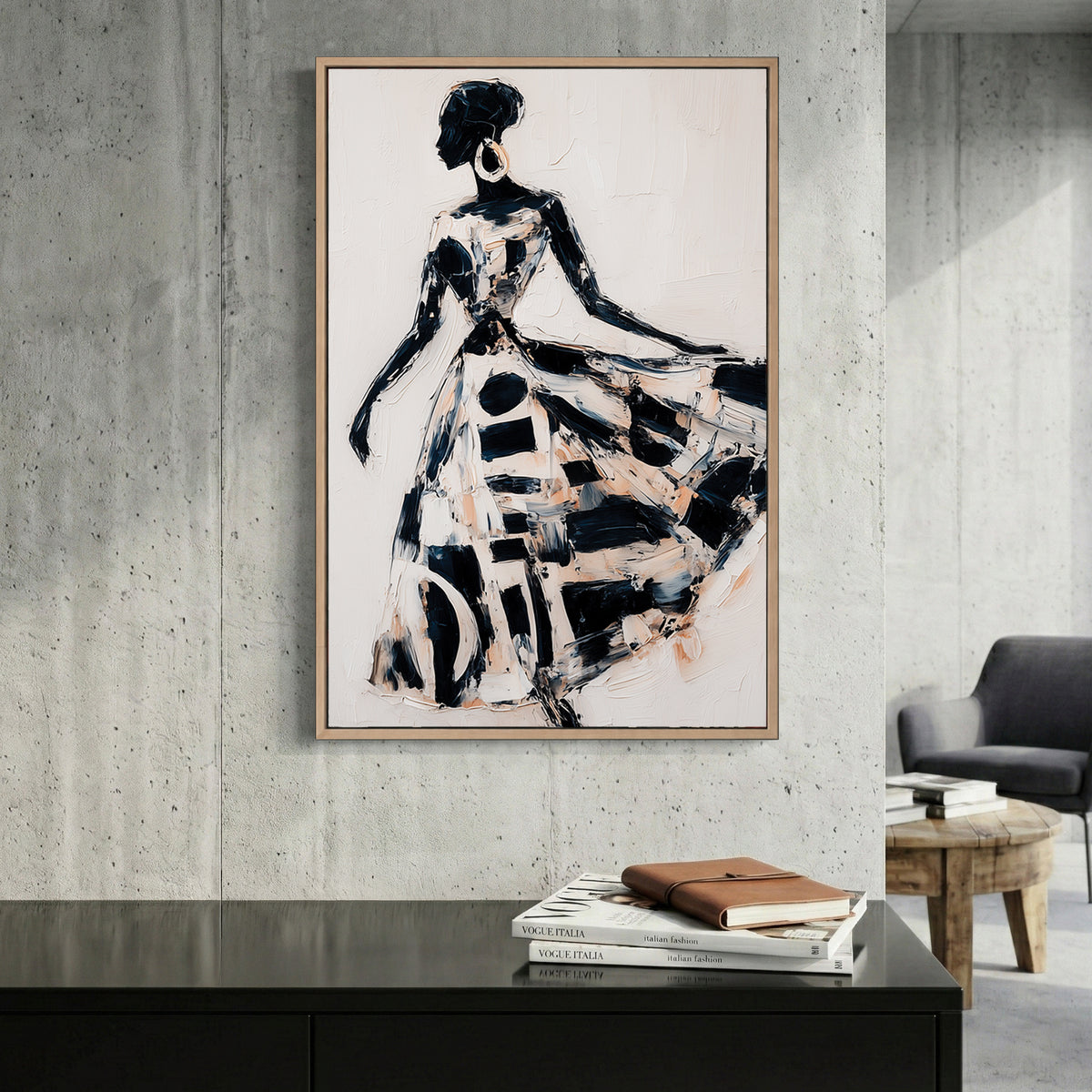 Woman in Flowing Dress Black White Painting canvas wall art print displayed in a styled living room