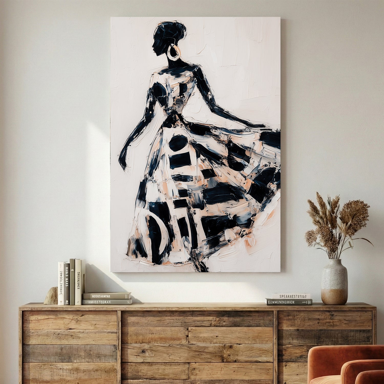 Woman in Flowing Dress Black White Painting canvas wall art print displayed in a styled living room