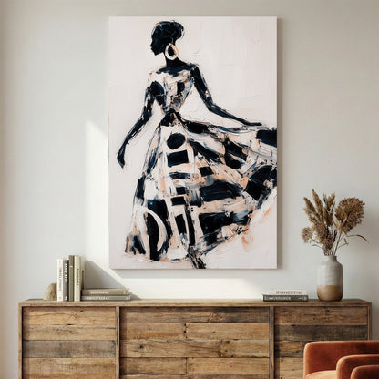 Woman in Flowing Dress Black White Painting canvas wall art print displayed in a styled living room