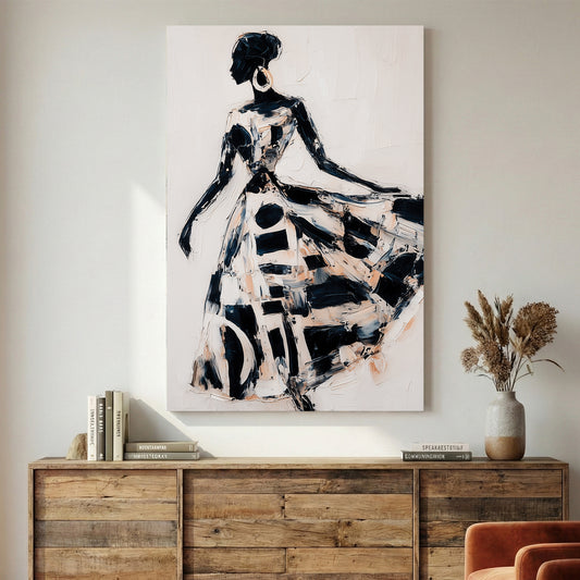 Woman in Flowing Dress Black White Painting canvas wall art print displayed in a styled living room