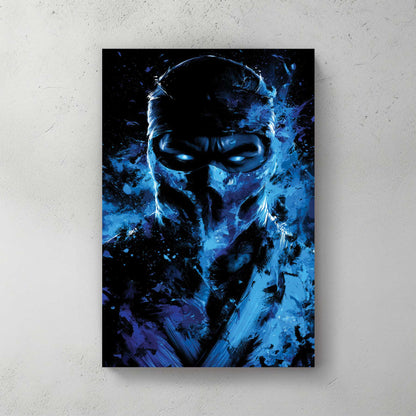 Sub-Zero from Mortal Kombat, ice blue mask, glowing eyes, dark background with frozen splatter, gi — canvas wall art print