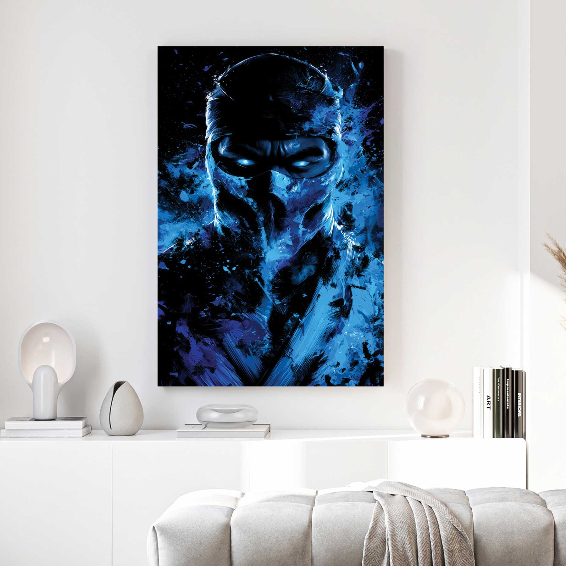 Sub-Zero Mortal Kombat canvas wall art print above a sofa in a contemporary living room