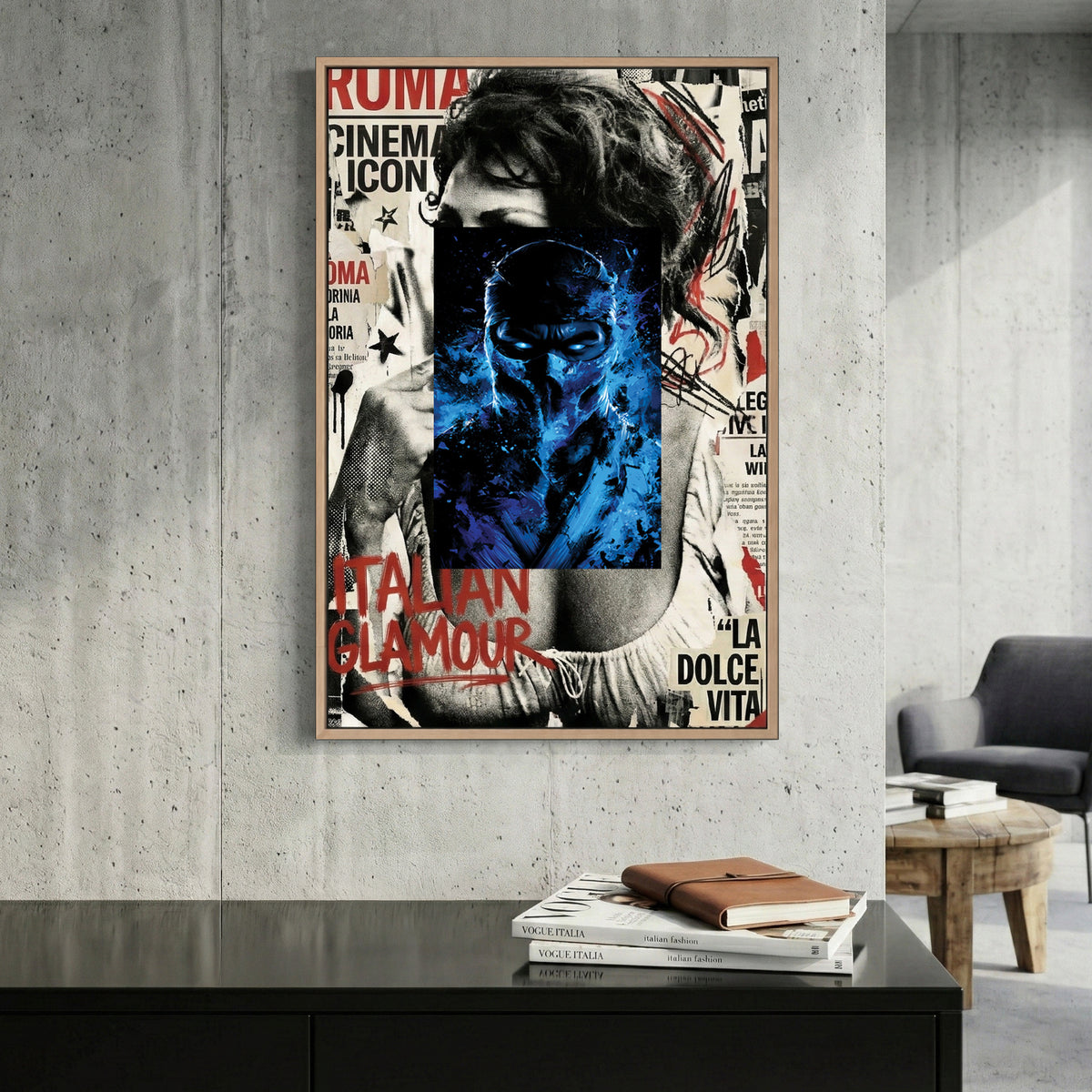 Sub-Zero Mortal Kombat canvas wall art print displayed in a styled living room
