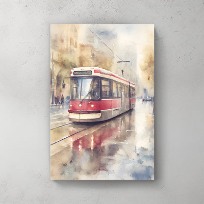 Toronto red and white TTC streetcar, watercolour style, wet street reflection, soft sky — canvas wall art print