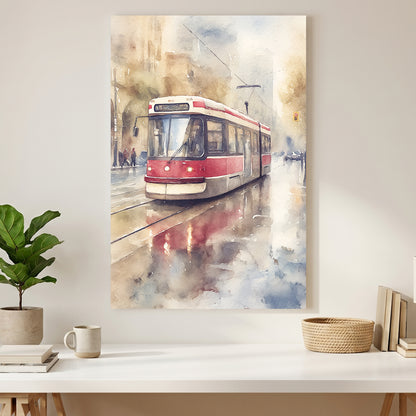 Toronto Red Streetcar Watercolour canvas wall art print styled in a modern interior