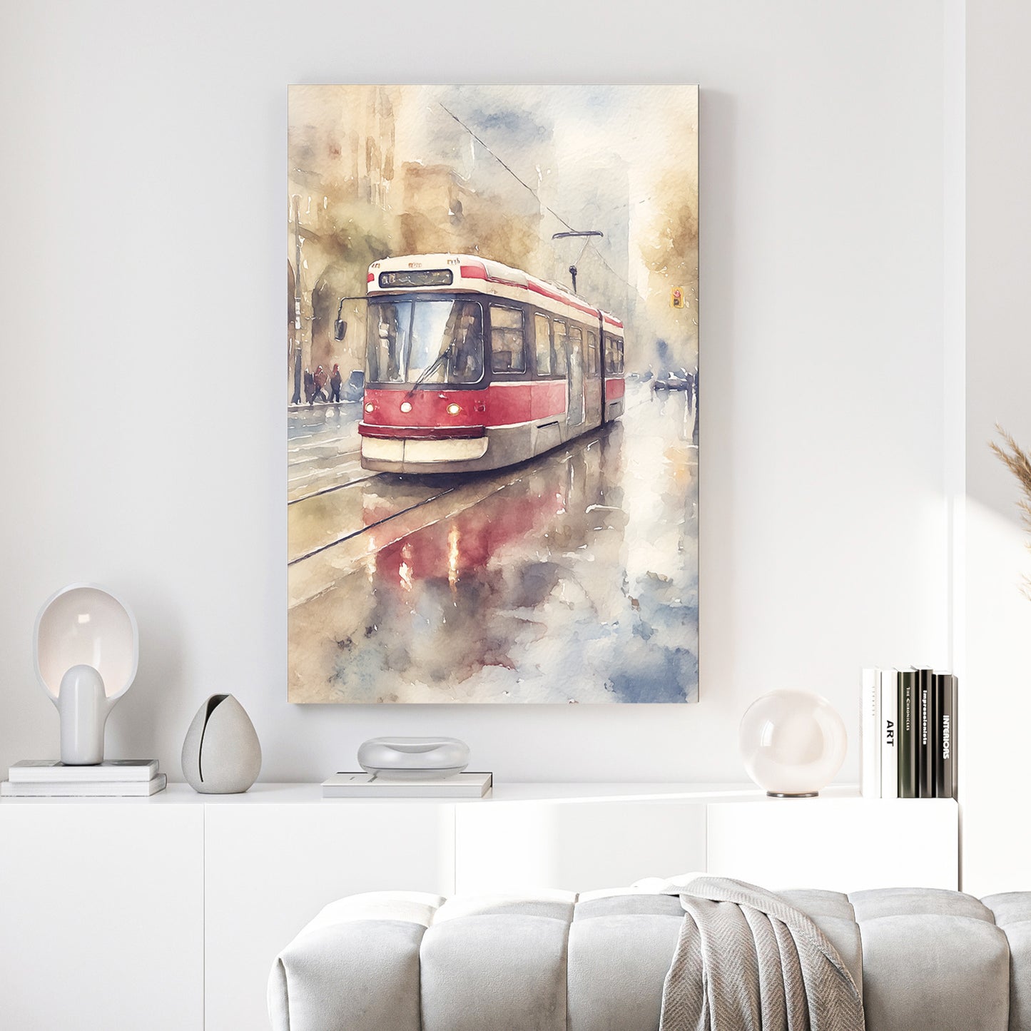 Toronto Red Streetcar Watercolour canvas wall art print above a sofa in a contemporary living room