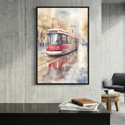 Toronto Red Streetcar Watercolour framed canvas wall art print in a gallery-style display