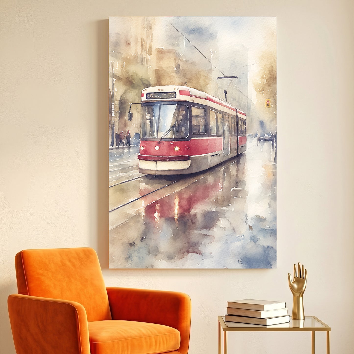 Toronto Red Streetcar Watercolour canvas wall art print displayed in a styled living room