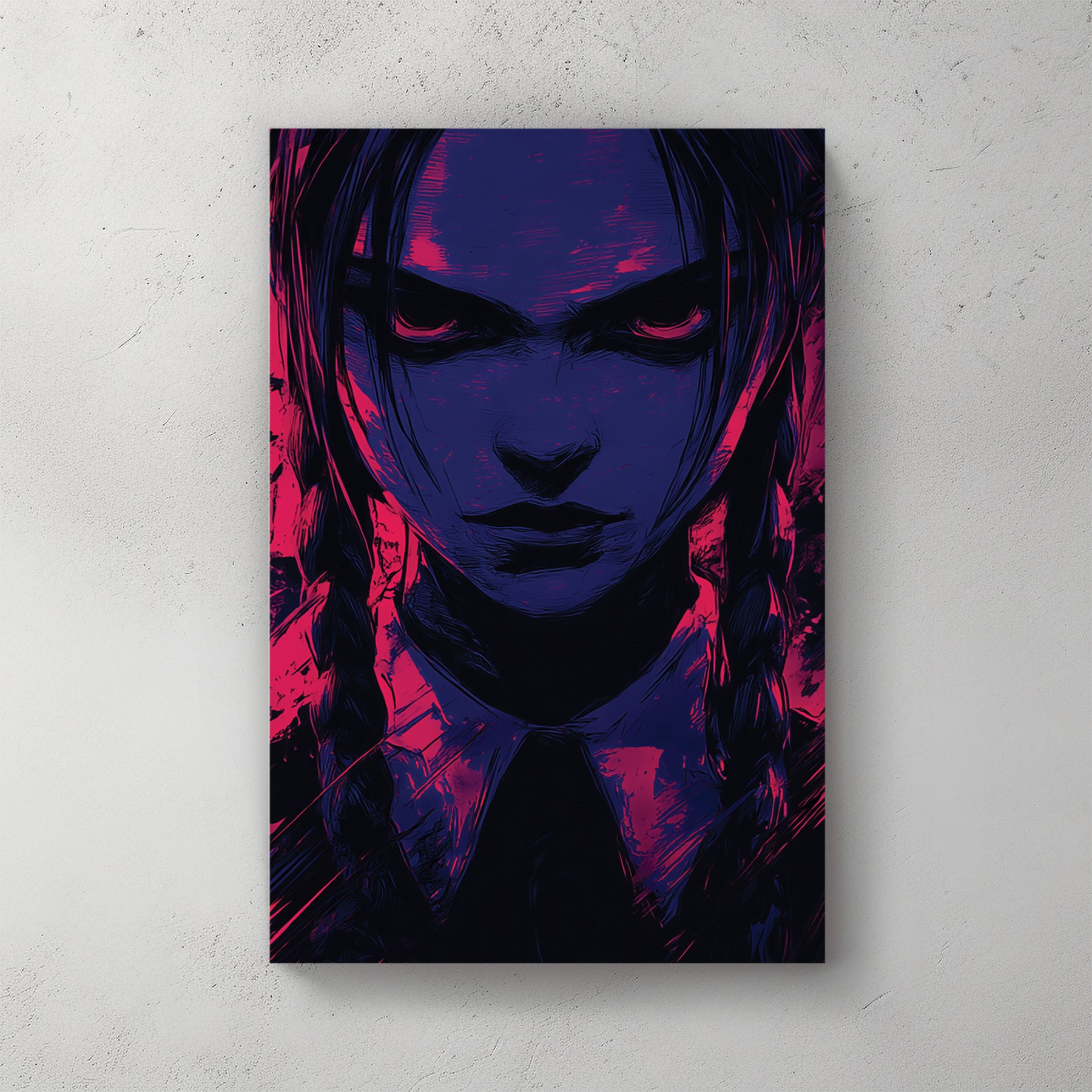 Wednesday Addams face, blue and pink lighting, braids, dark expression, pop art — canvas wall art print