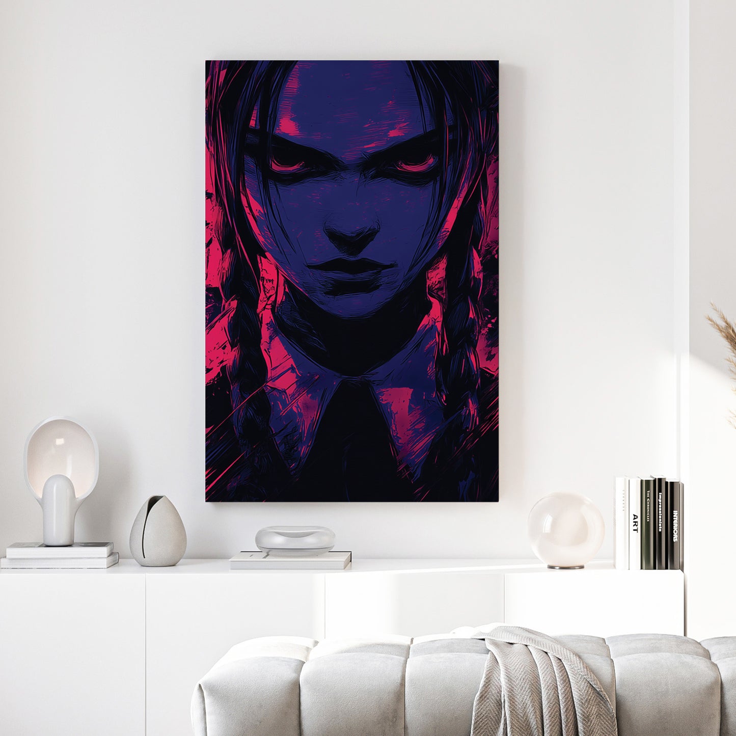 Wednesday Addams Pop Art canvas wall art print above a sofa in a contemporary living room