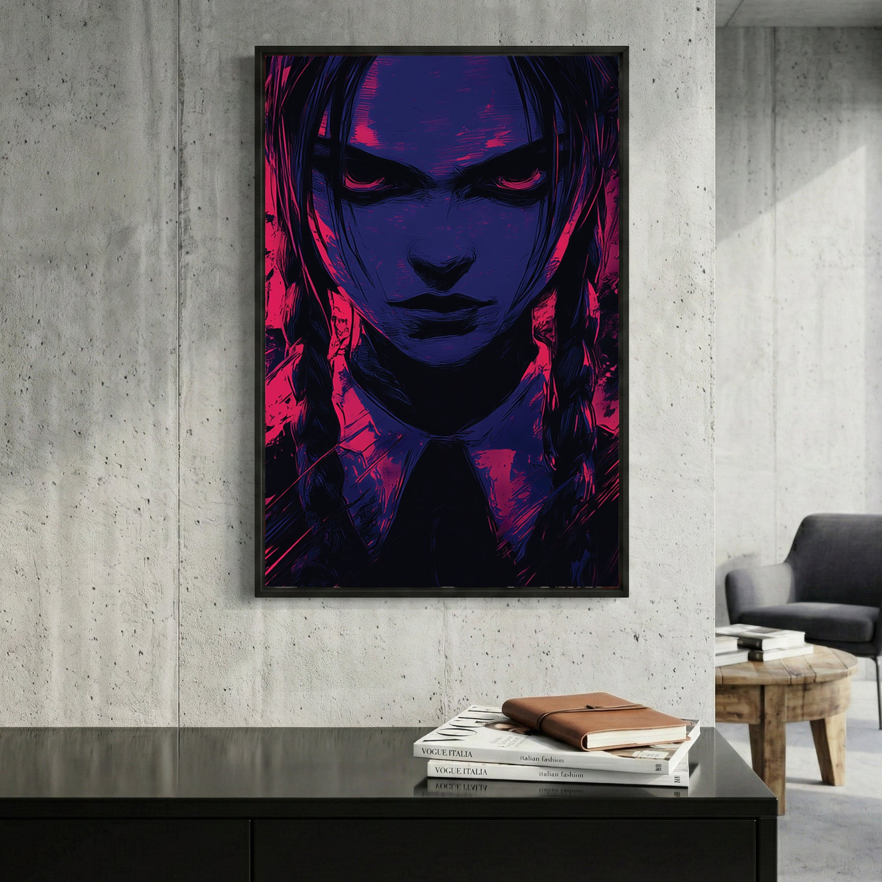 Wednesday Addams Pop Art framed canvas wall art print in a gallery-style display