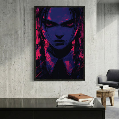 Wednesday Addams Pop Art framed canvas wall art print in a gallery-style display