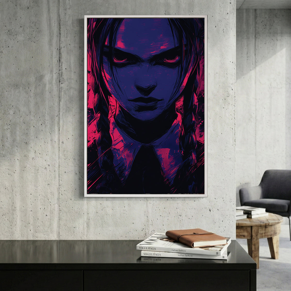 Wednesday Addams Pop Art canvas wall art print displayed in a styled living room
