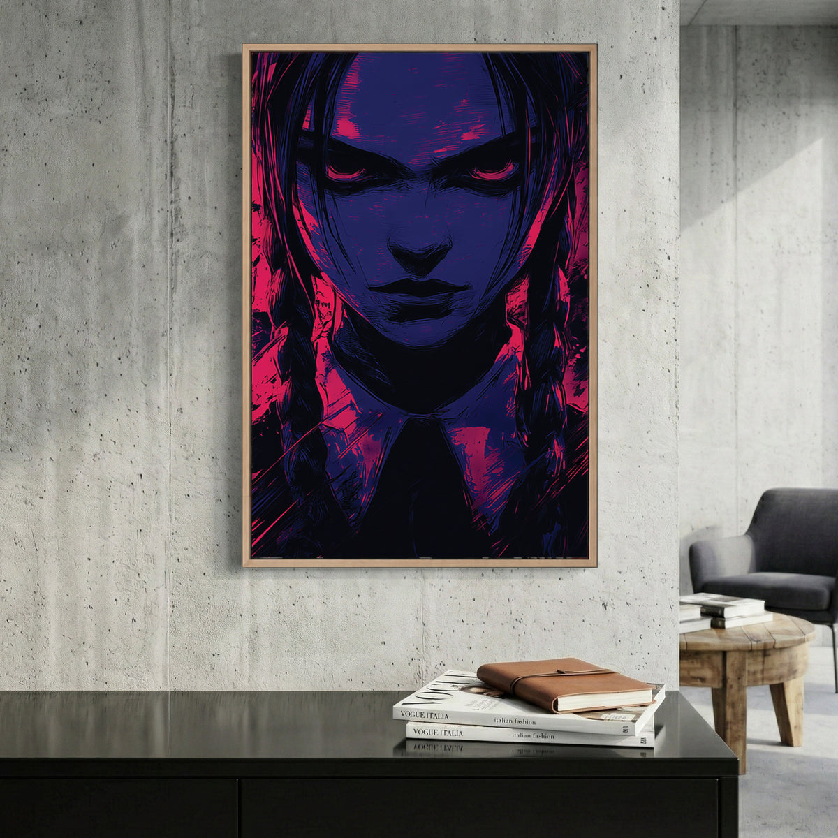 Wednesday Addams Pop Art canvas wall art print displayed in a styled living room
