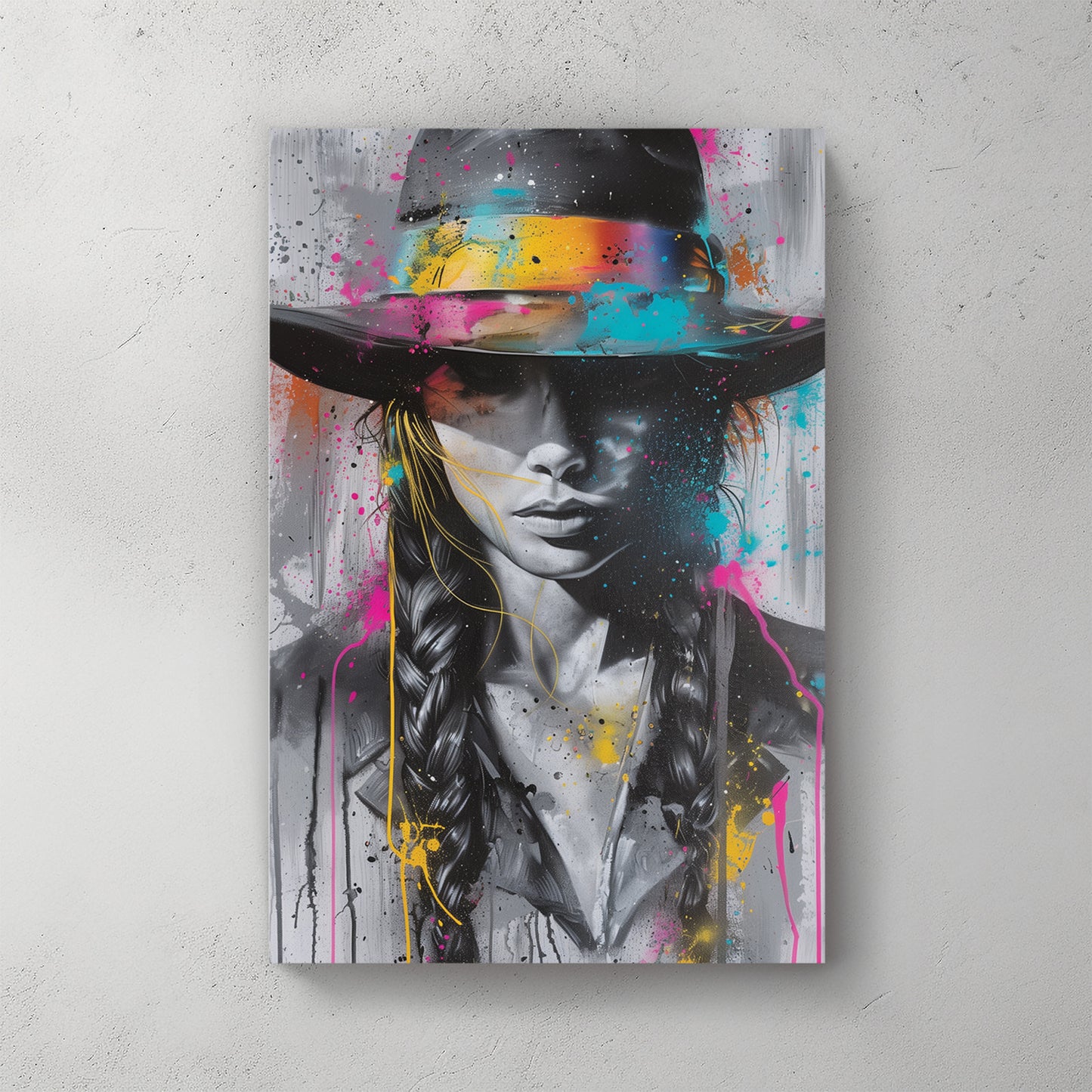 woman in cowboy hat, long dark hair, splattered neon pink/yellow/blue paint, graffiti portrait — canvas wall art print
