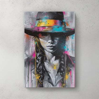 woman in cowboy hat, long dark hair, splattered neon pink/yellow/blue paint, graffiti portrait — canvas wall art print