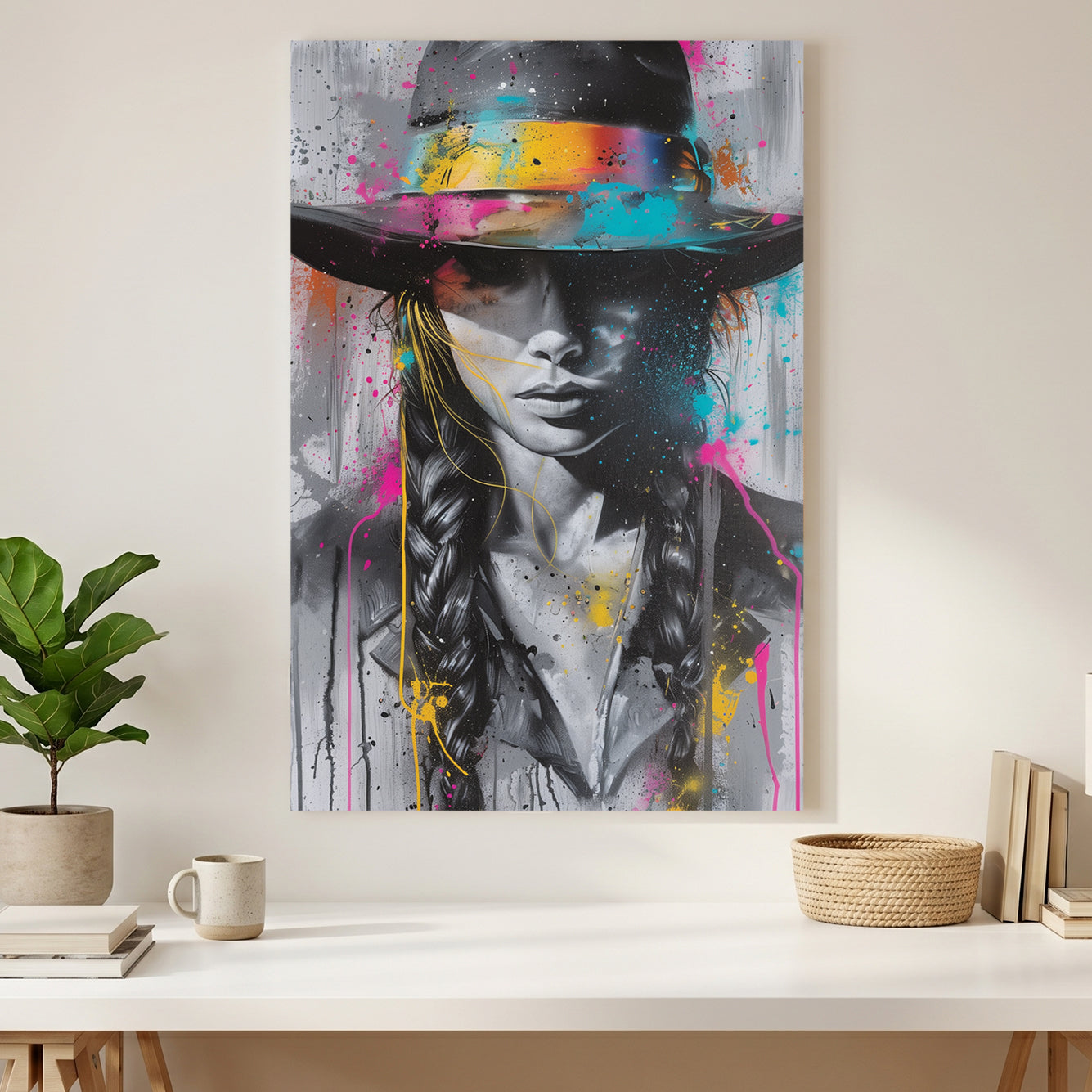 Cowboy Hat Woman Splash Graffiti canvas wall art print styled in a modern interior