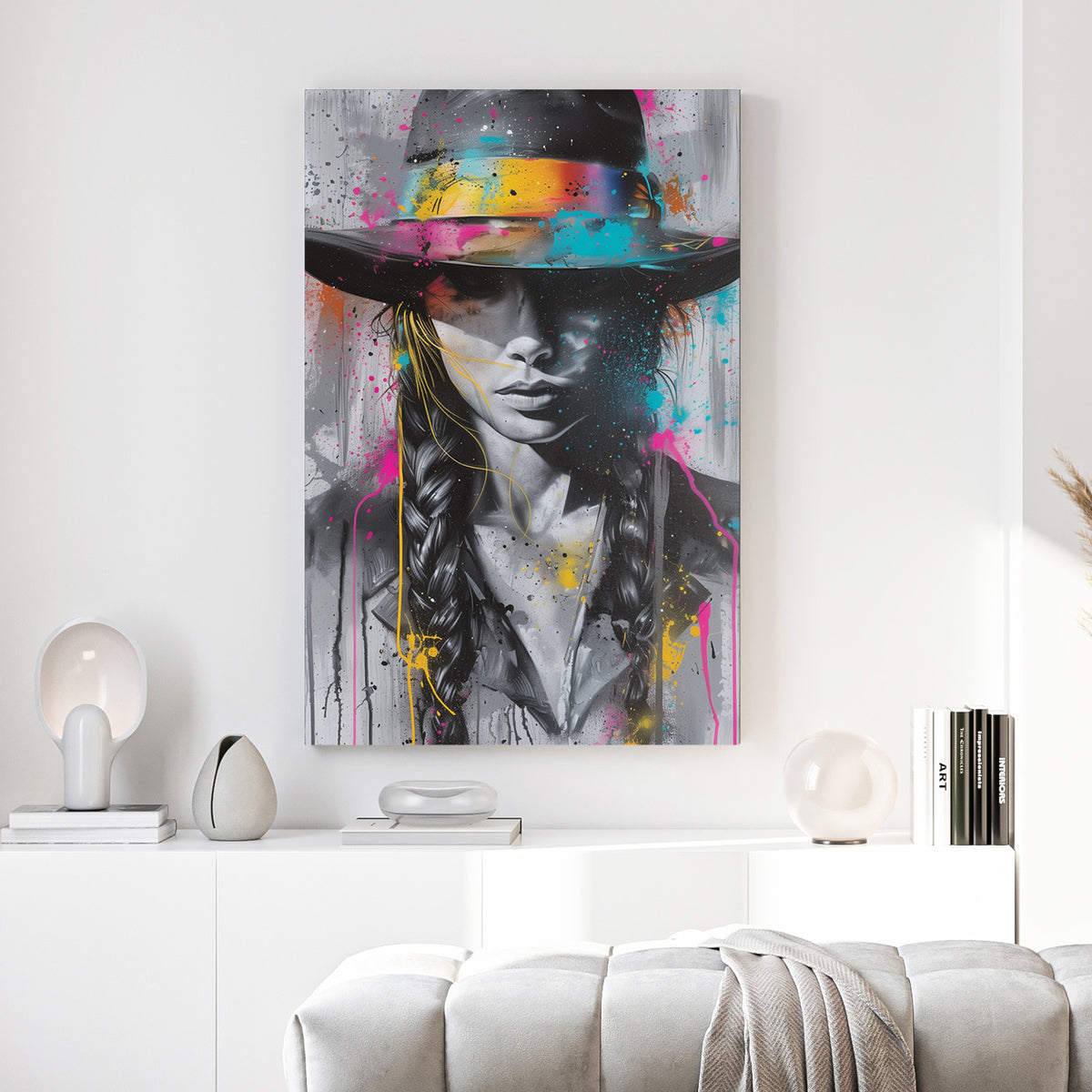 Cowboy Hat Woman Splash Graffiti canvas wall art print above a sofa in a contemporary living room