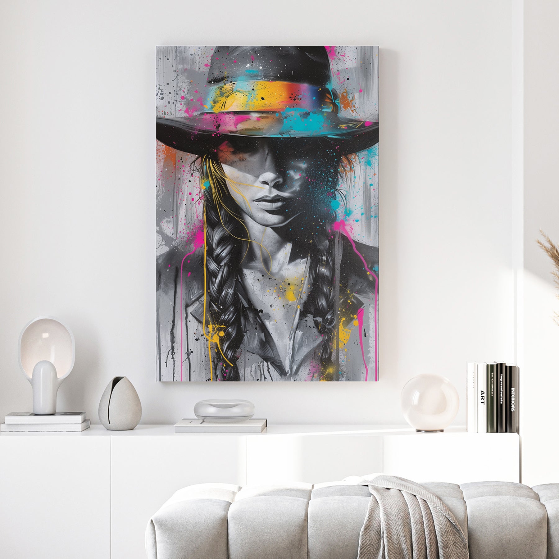 Cowboy Hat Woman Splash Graffiti canvas wall art print above a sofa in a contemporary living room