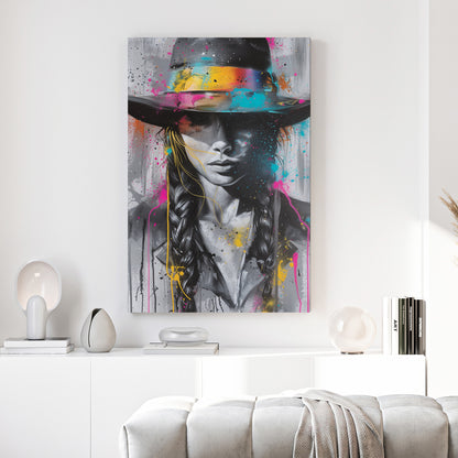 Cowboy Hat Woman Splash Graffiti canvas wall art print above a sofa in a contemporary living room