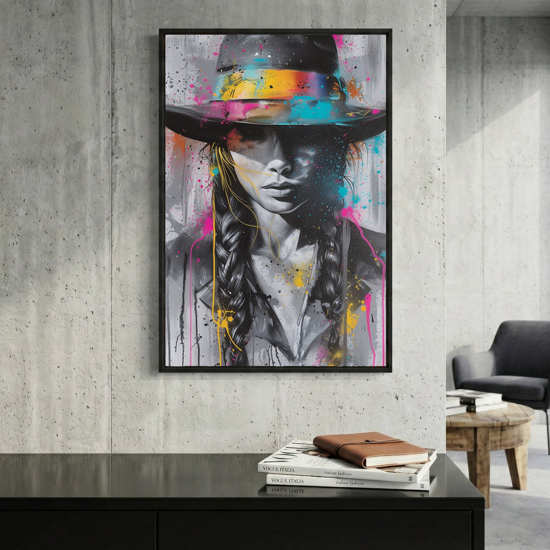 Cowboy Hat Woman Splash Graffiti framed canvas wall art print in a gallery-style display