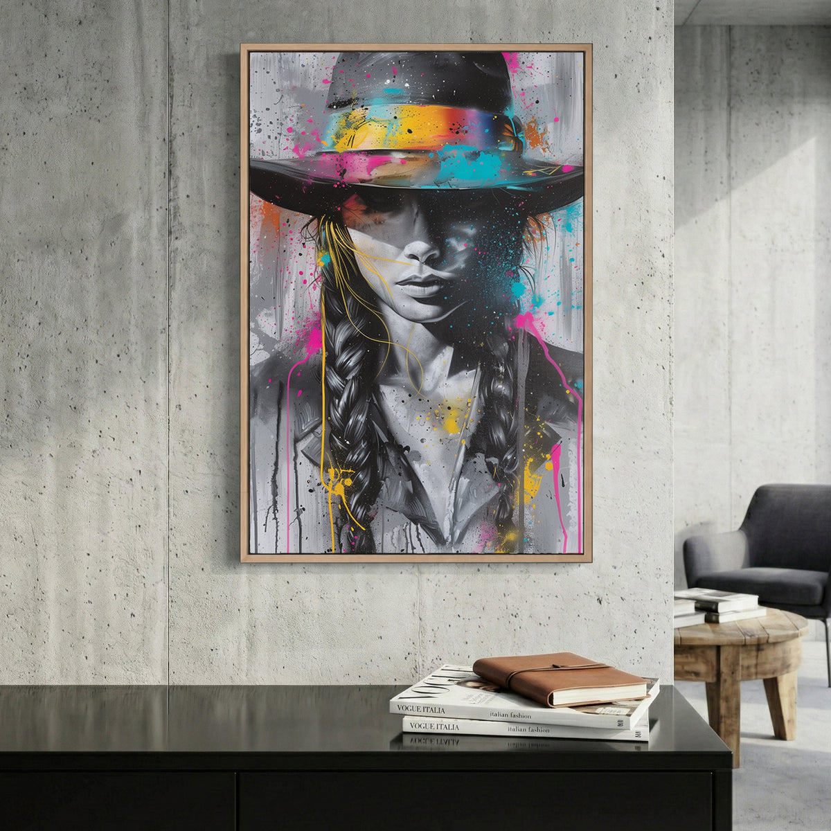 Cowboy Hat Woman Splash Graffiti canvas wall art print displayed in a styled living room