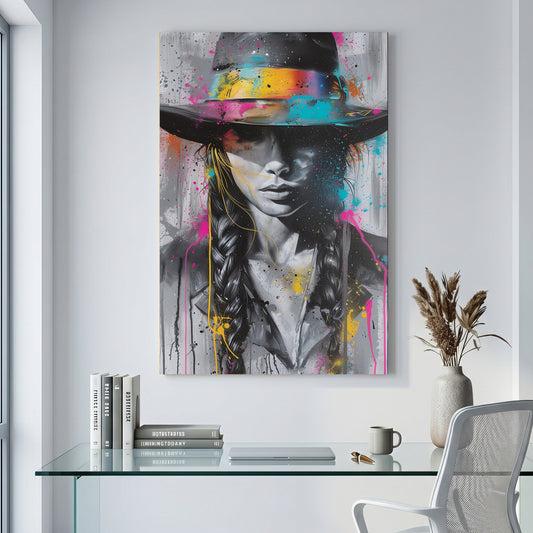 Cowboy Hat Woman Splash Graffiti canvas wall art print displayed in a styled living room
