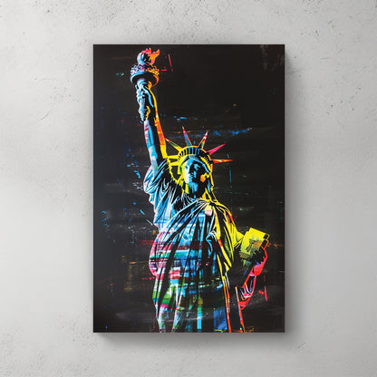 Statue of Liberty silhouette in neon glitch colours, pink, yellow, green, blue, black background — canvas wall art print