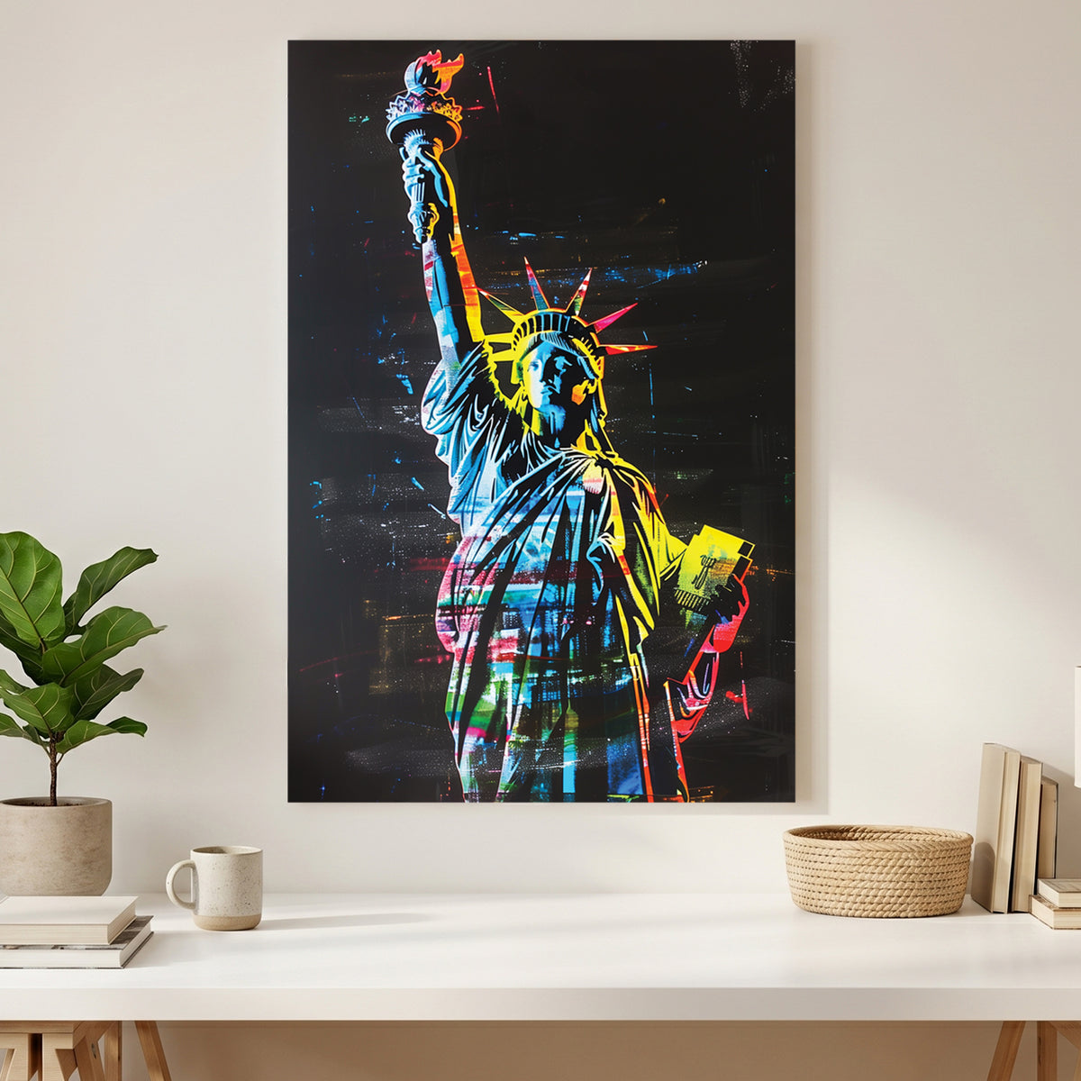 Statue of Liberty Neon Pop Art canvas wall art print styled in a modern interior