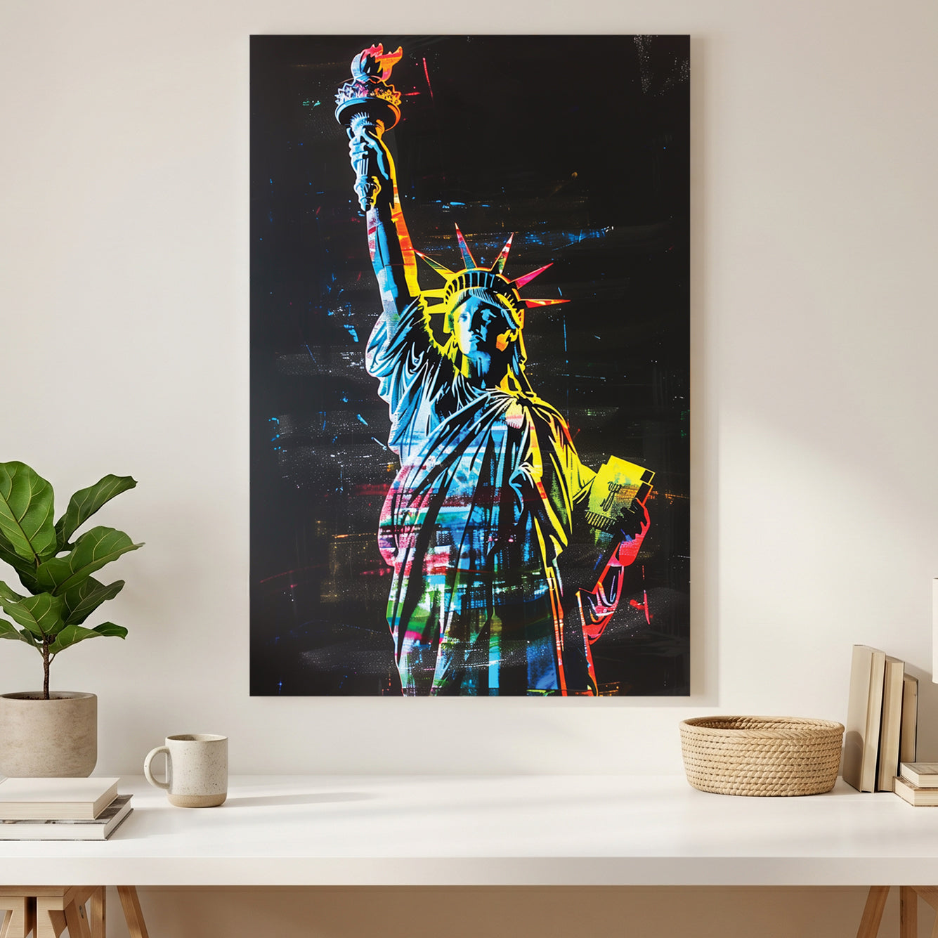 Statue of Liberty Neon Pop Art canvas wall art print styled in a modern interior