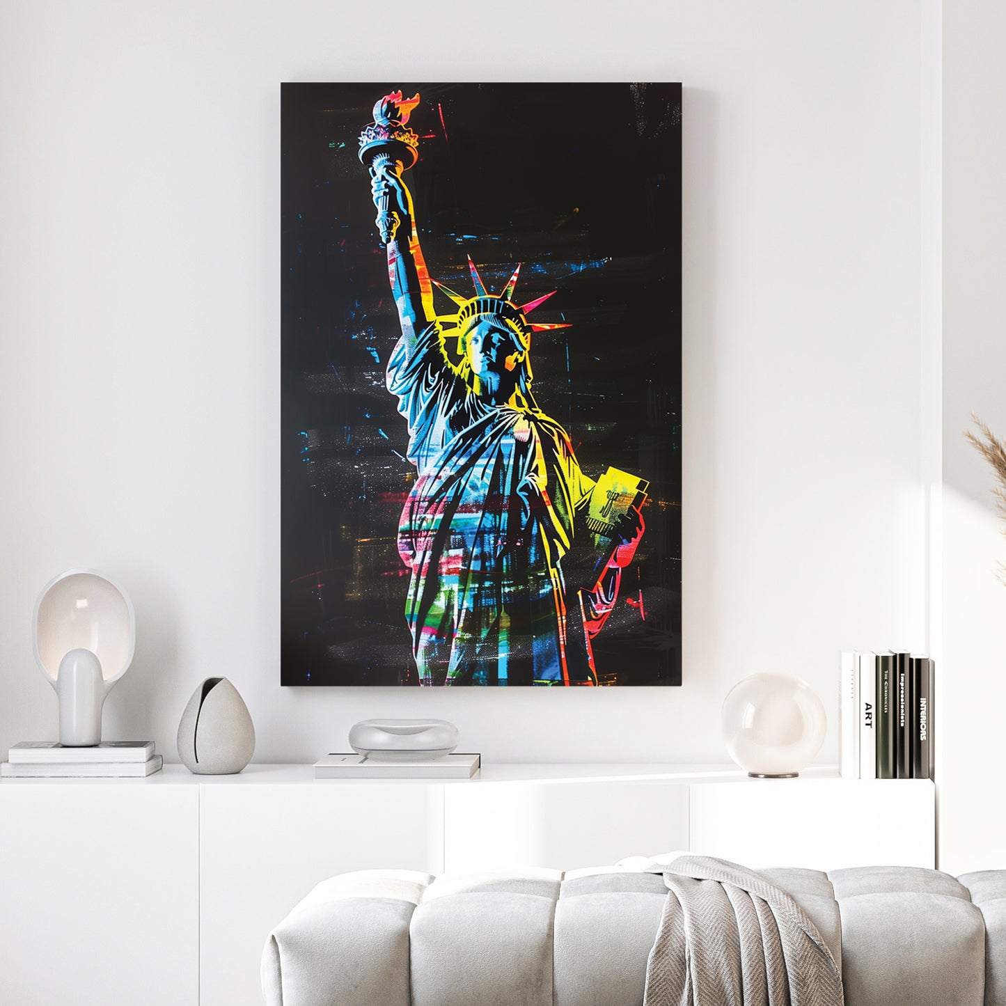 Statue of Liberty Neon Pop Art canvas wall art print above a sofa in a contemporary living room