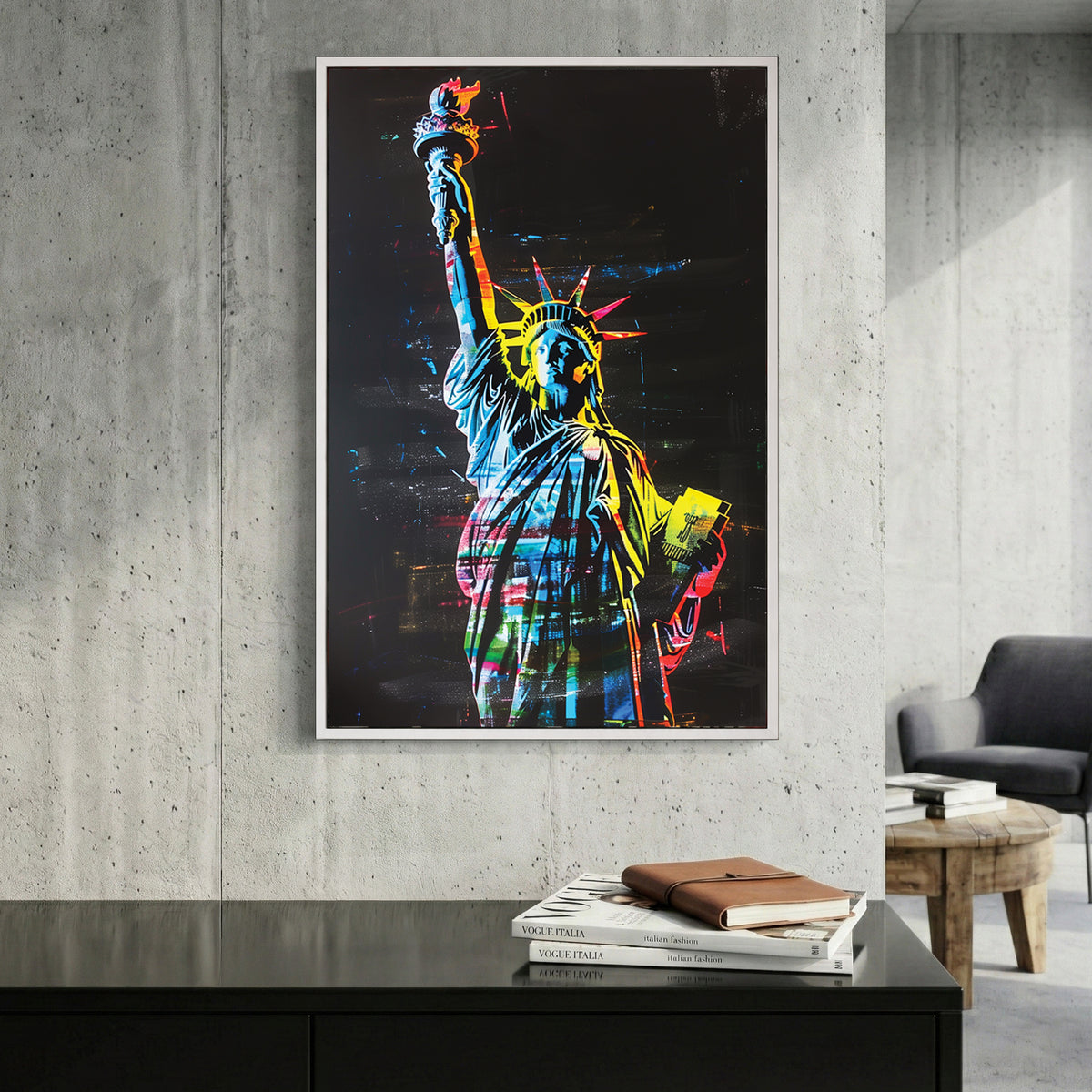 Statue of Liberty Neon Pop Art canvas wall art print displayed in a styled living room