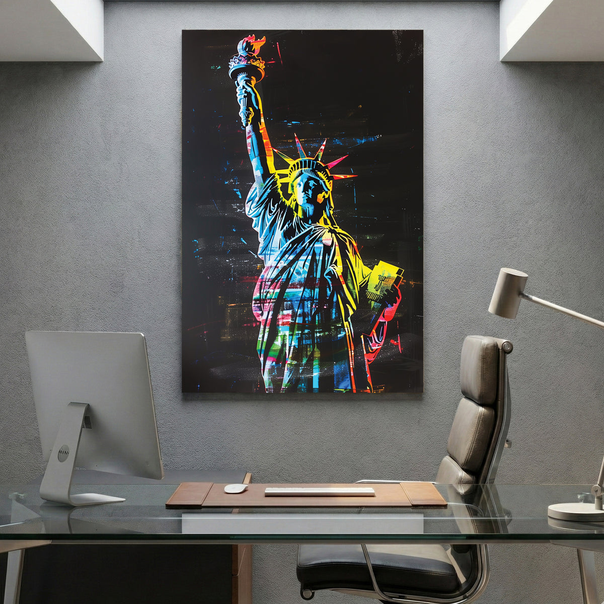 Statue of Liberty Neon Pop Art canvas wall art print displayed in a styled living room