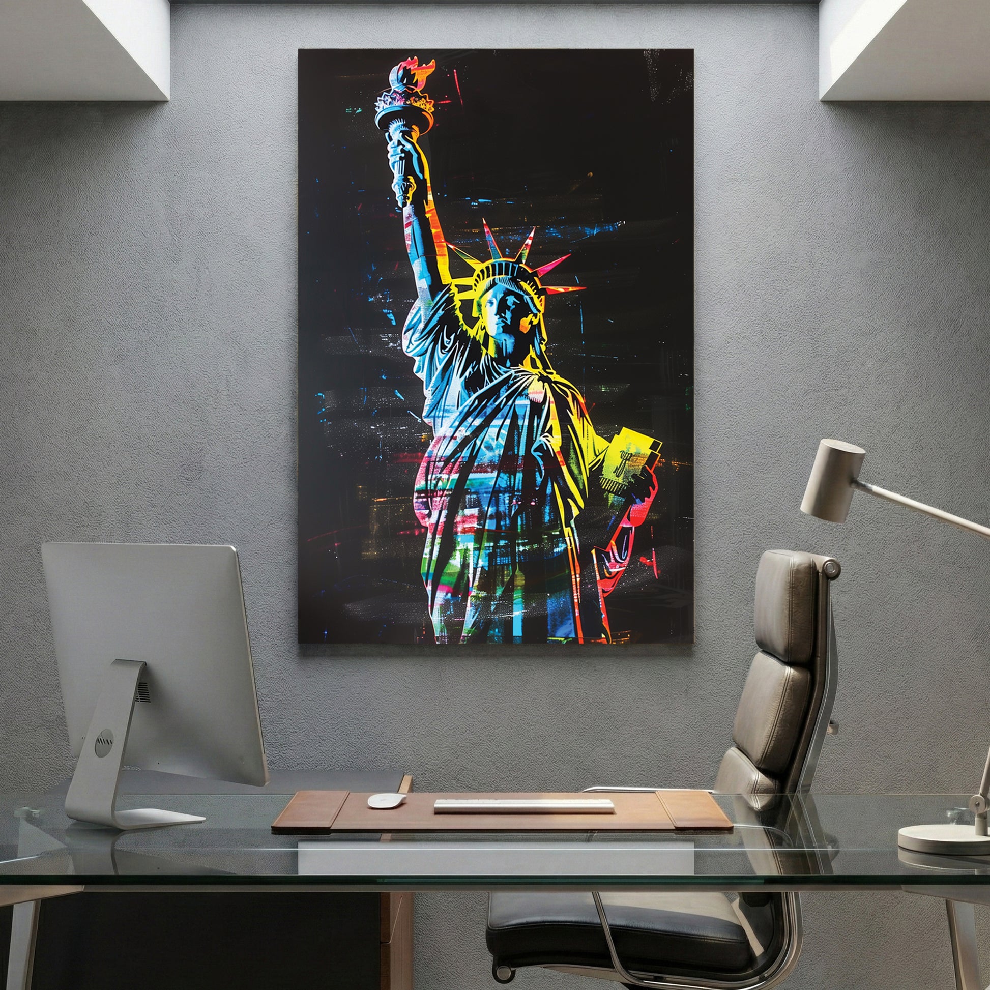Statue of Liberty Neon Pop Art canvas wall art print displayed in a styled living room