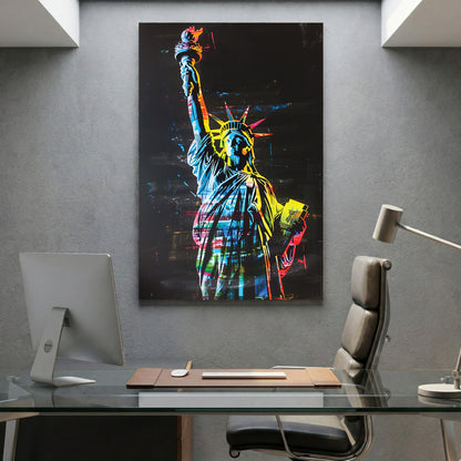 Statue of Liberty Neon Pop Art canvas wall art print displayed in a styled living room