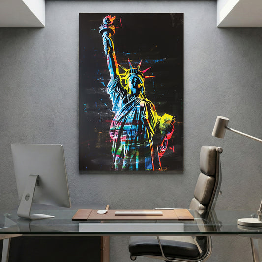 Statue of Liberty Neon Pop Art canvas wall art print displayed in a styled living room