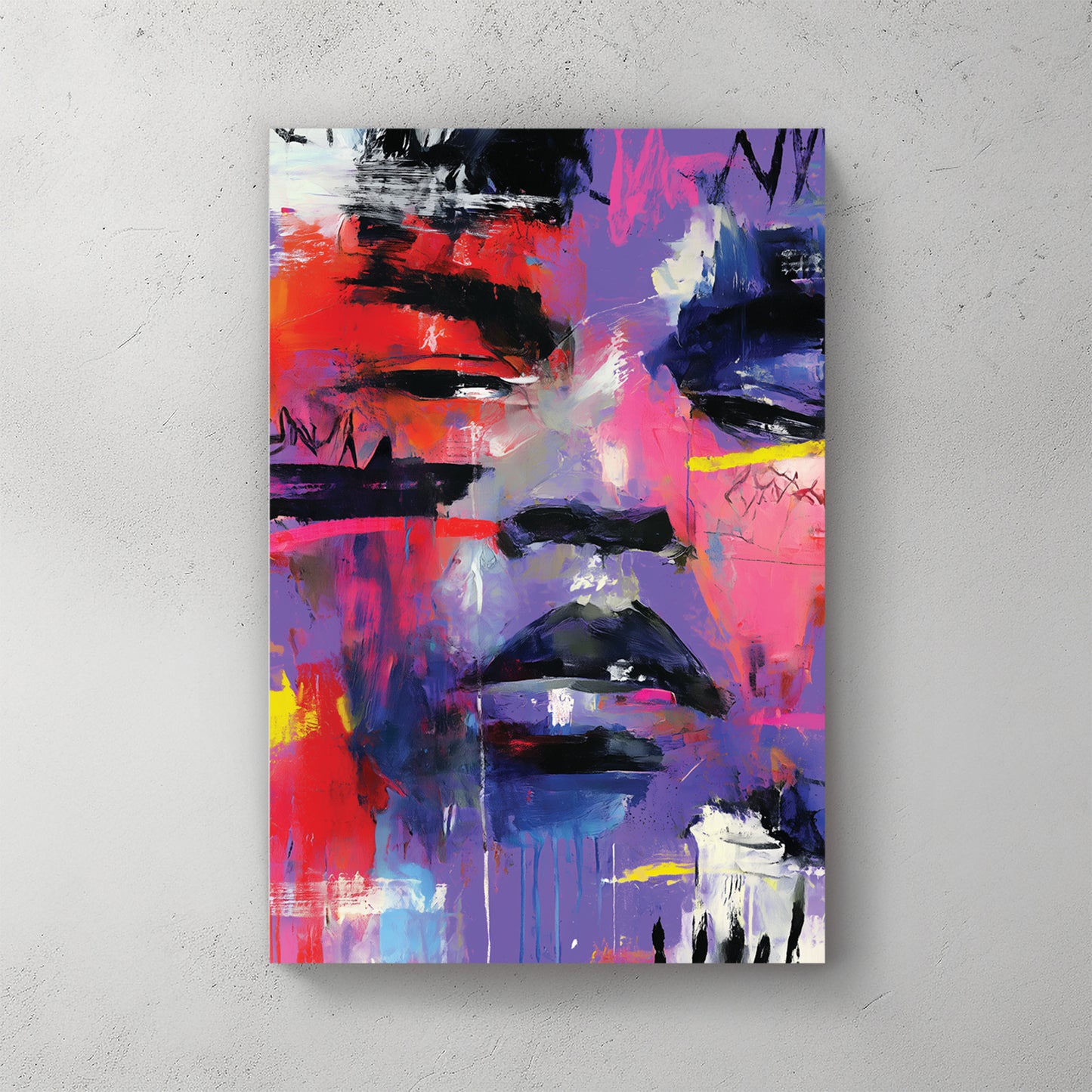 Abstract face portrait, vivid purple pink red yellow drip strokes, painted loose with graffiti energy, fragmented features — canvas wall art print