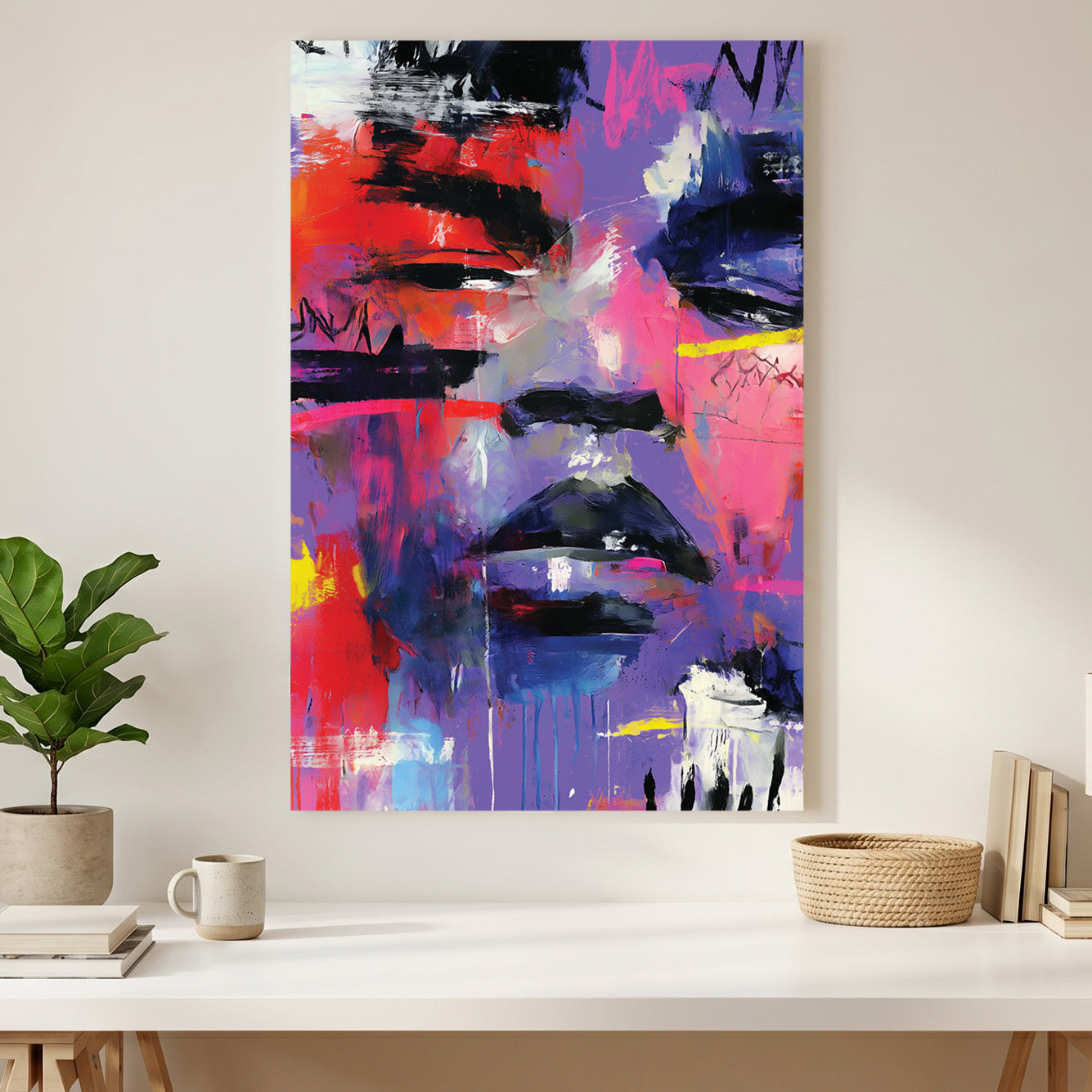 Purple Pink Abstract Face Painting canvas wall art print styled in a modern interior