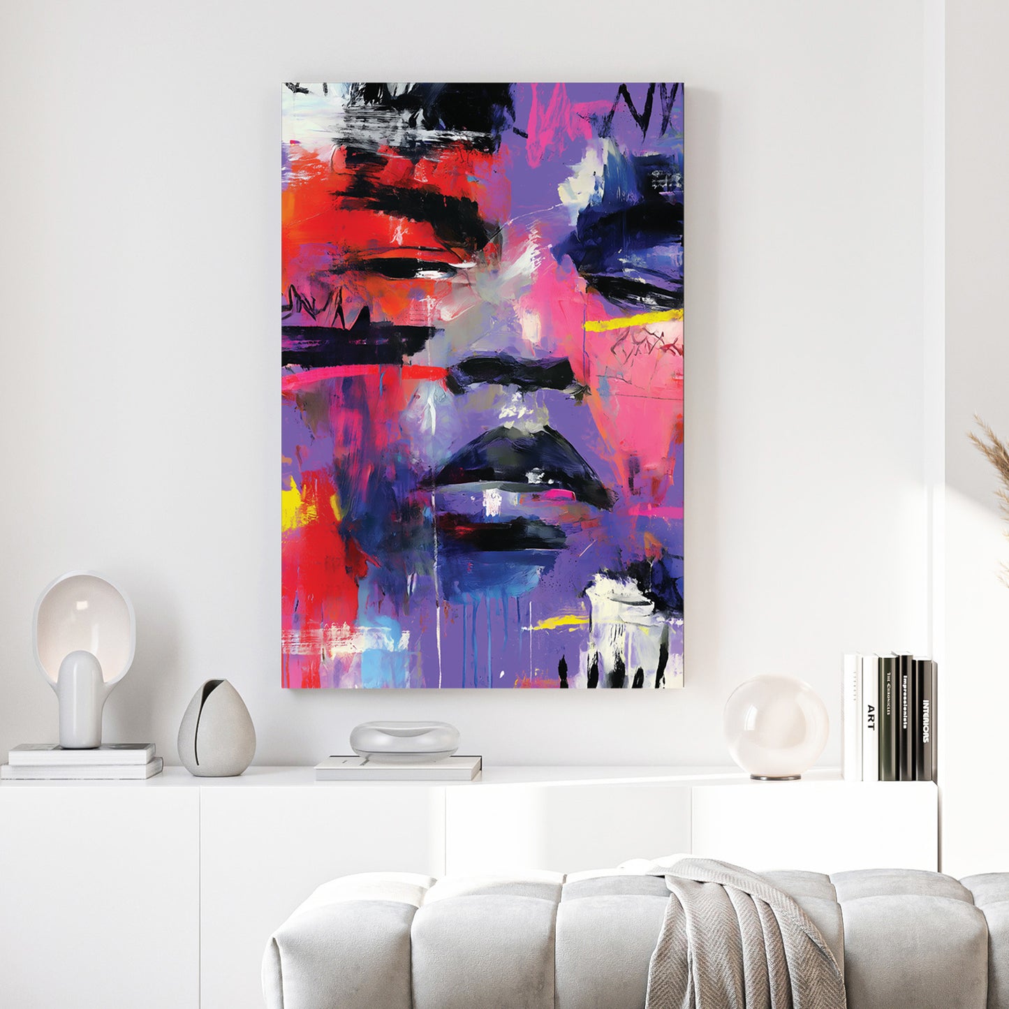 Purple Pink Abstract Face Painting canvas wall art print above a sofa in a contemporary living room