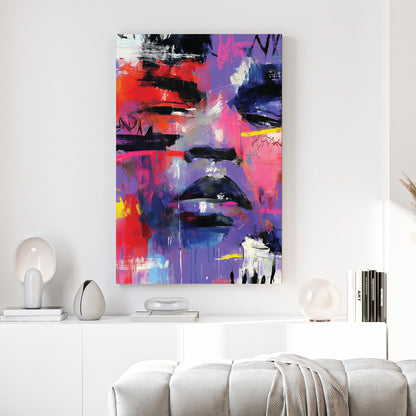 Purple Pink Abstract Face Painting canvas wall art print above a sofa in a contemporary living room
