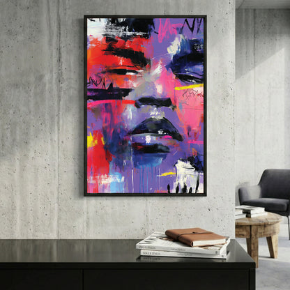 Purple Pink Abstract Face Painting framed canvas wall art print in a gallery-style display