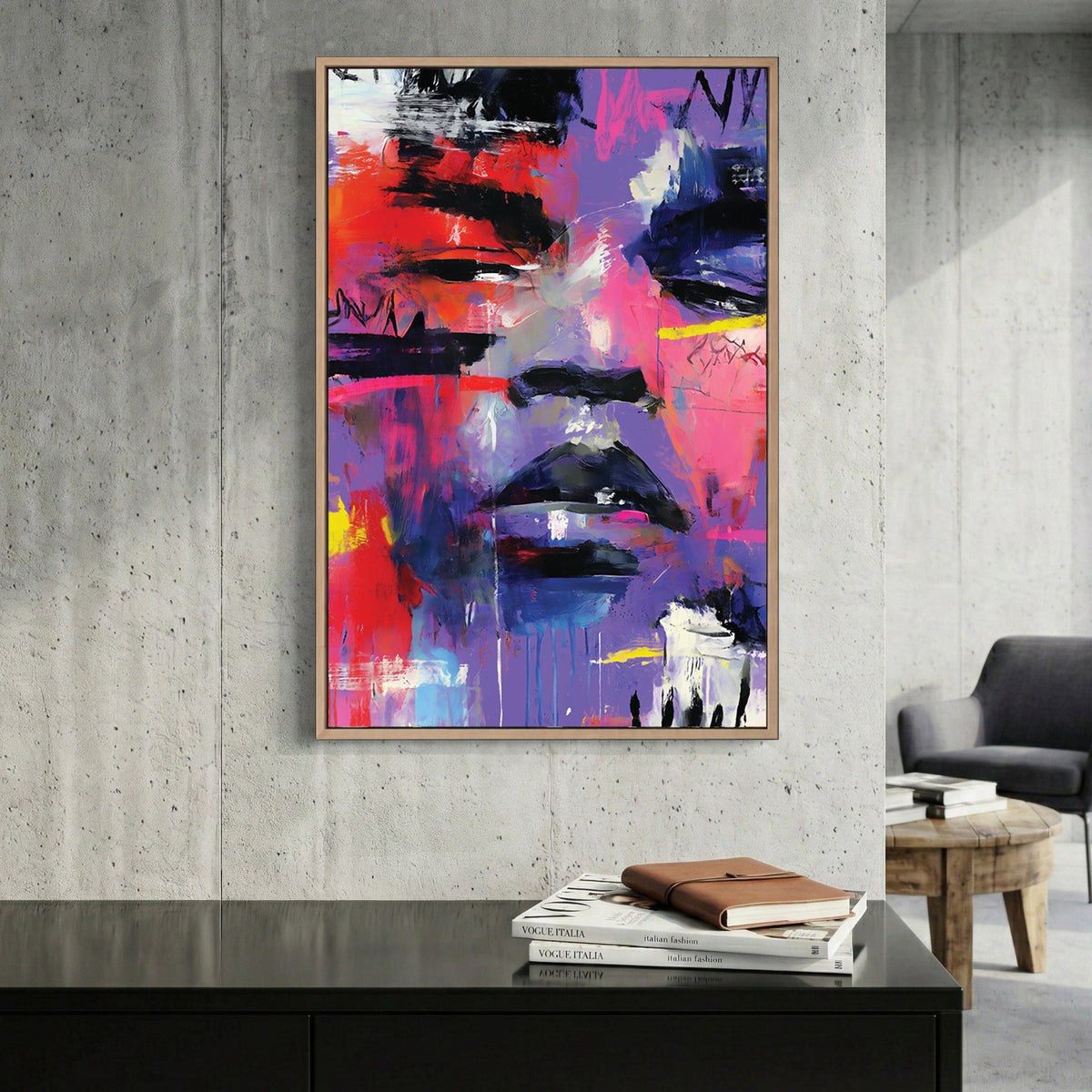 Purple Pink Abstract Face Painting canvas wall art print displayed in a styled living room