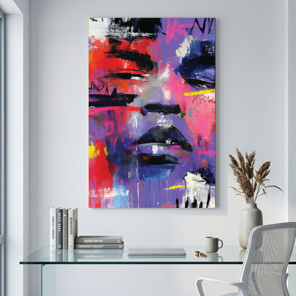 Purple Pink Abstract Face Painting canvas wall art print displayed in a styled living room