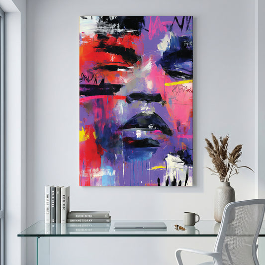 Purple Pink Abstract Face Painting canvas wall art print displayed in a styled living room