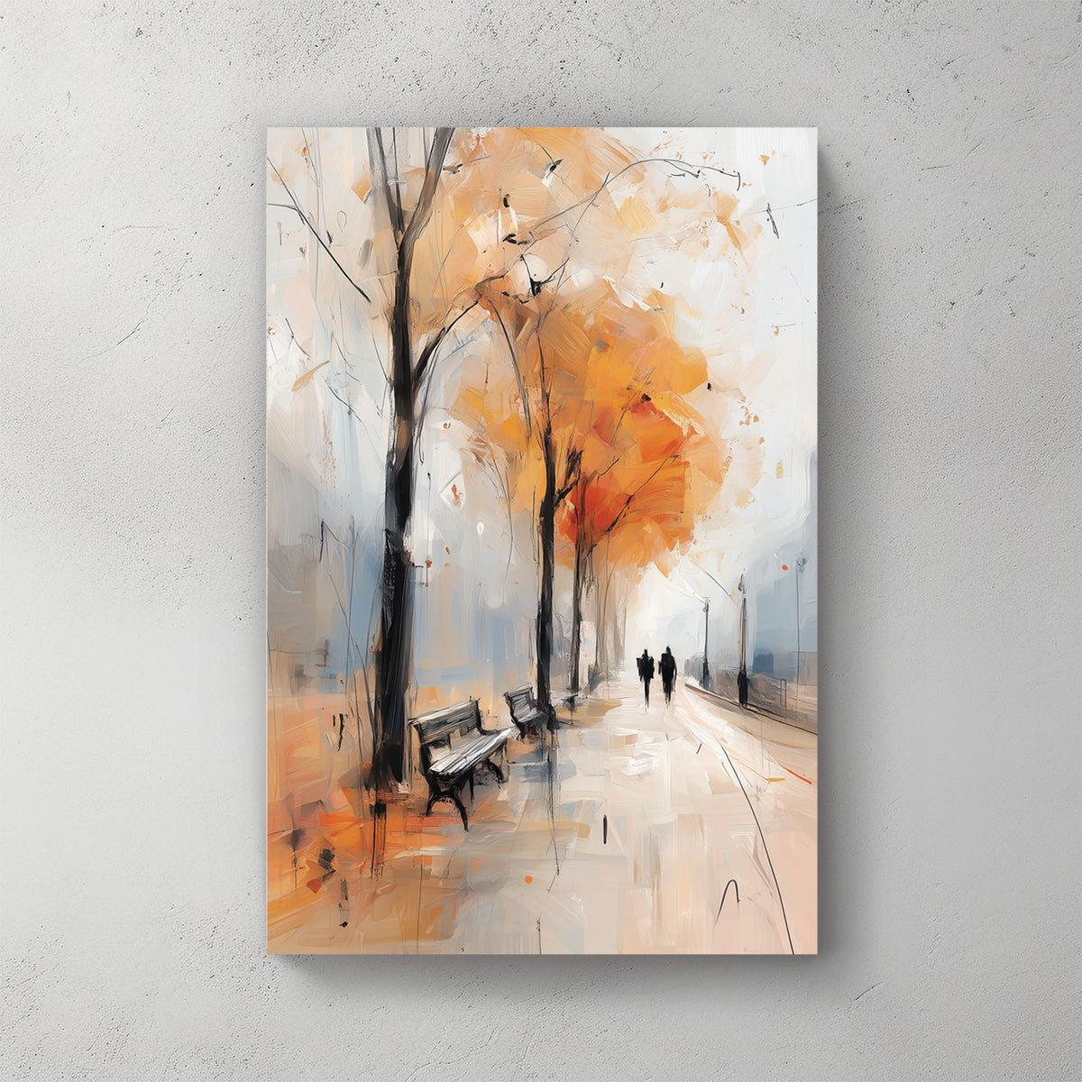 Autumn park scene; bench, two figures walking; orange leaves; soft brushy painting — canvas wall art print
