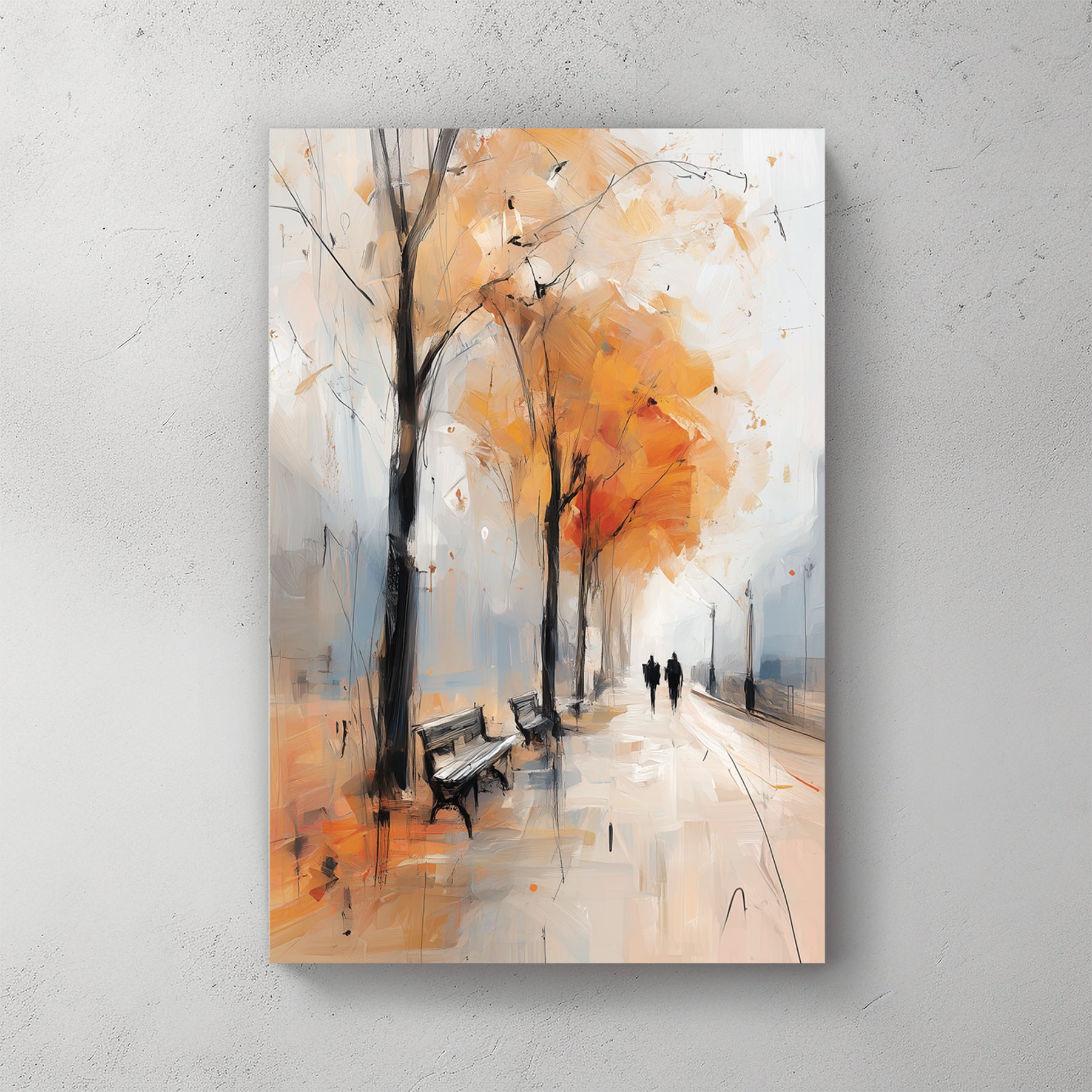 Autumn park scene; bench, two figures walking; orange leaves; soft brushy painting — canvas wall art print
