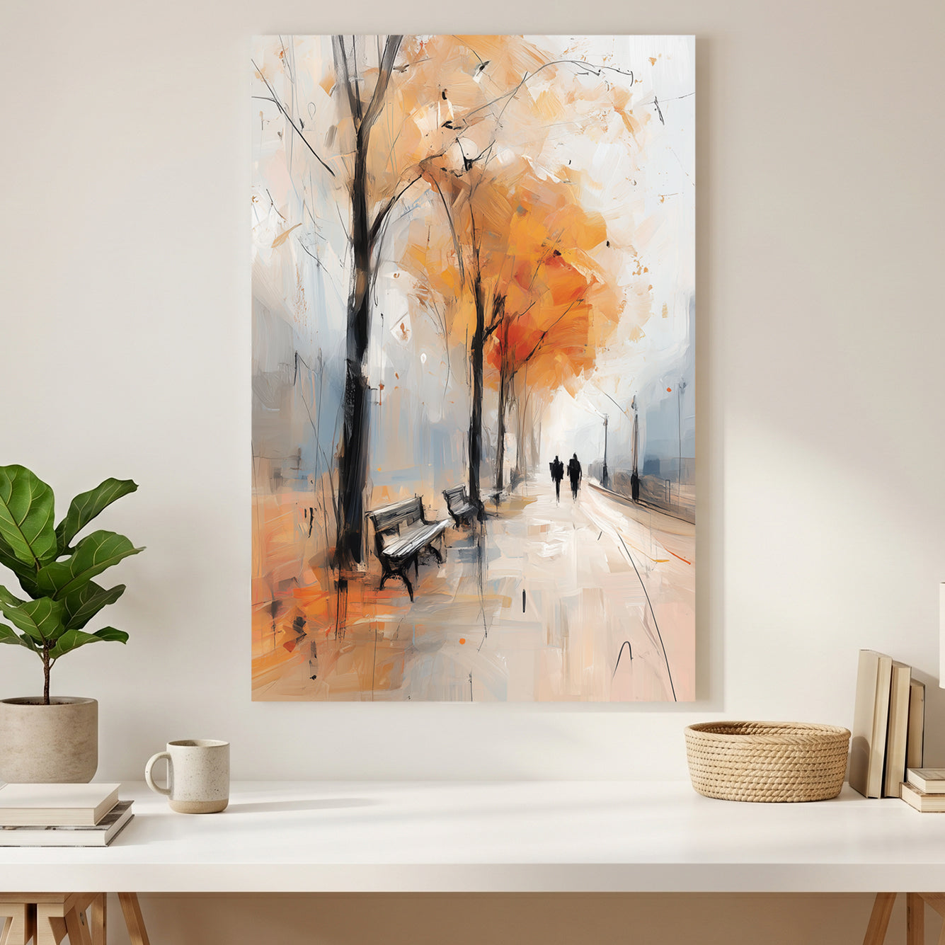 Autumn Park Bench Walk Painting canvas wall art print styled in a modern interior