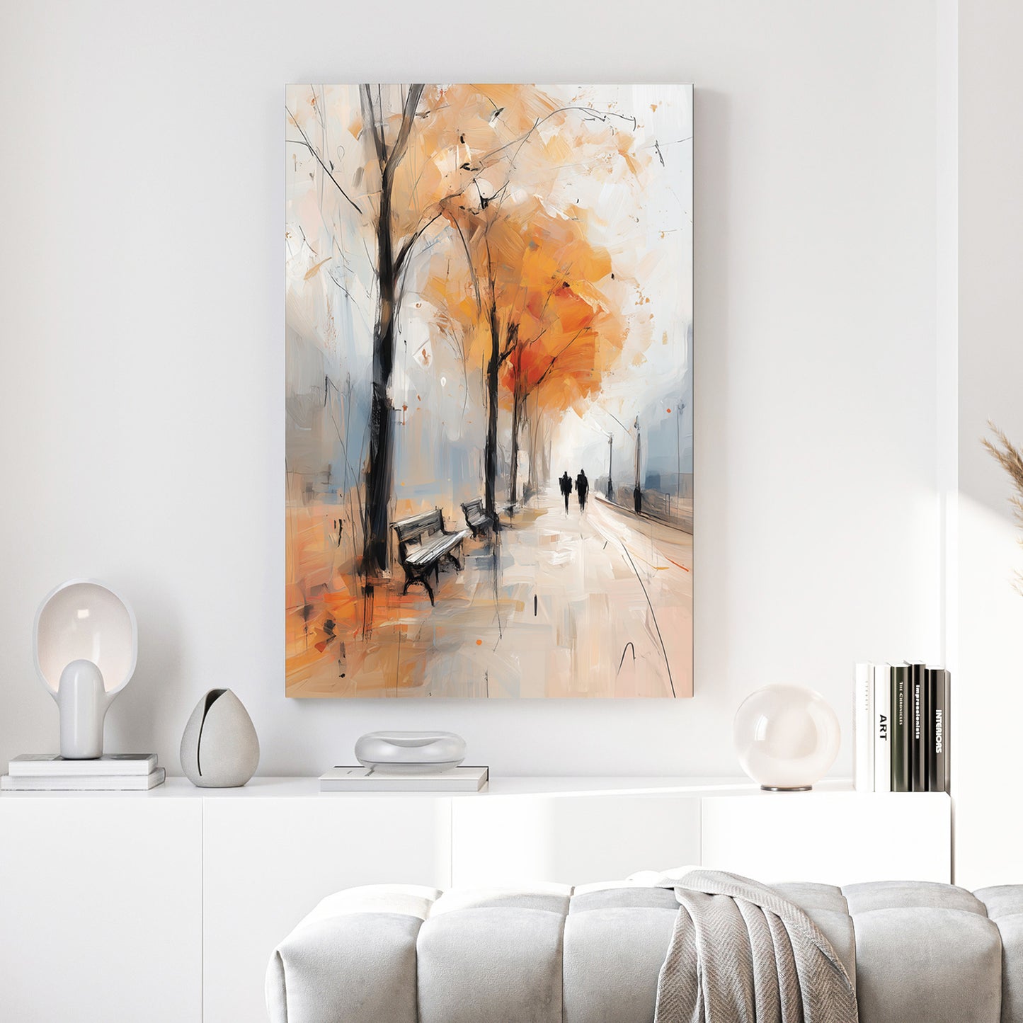 Autumn Park Bench Walk Painting canvas wall art print above a sofa in a contemporary living room