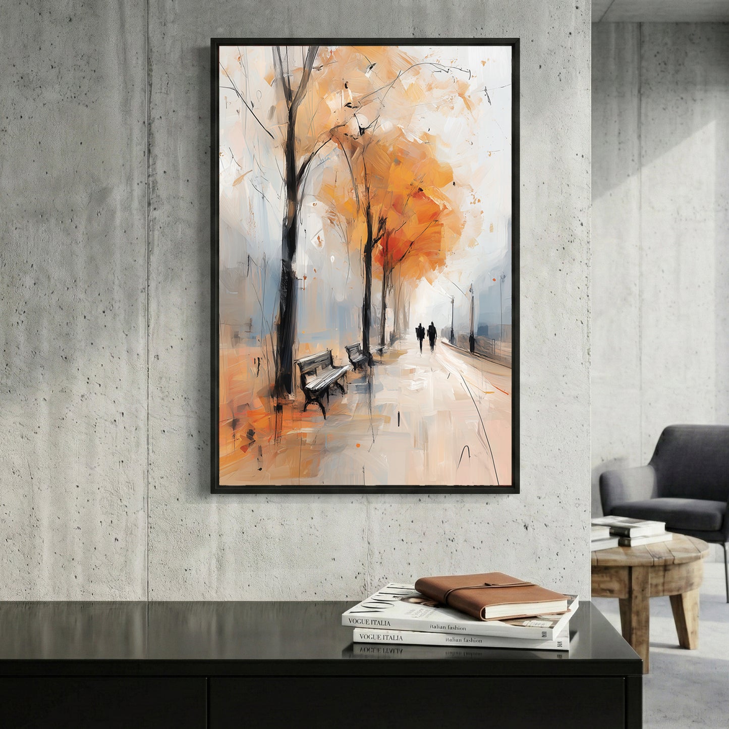 Autumn Park Bench Walk Painting framed canvas wall art print in a gallery-style display