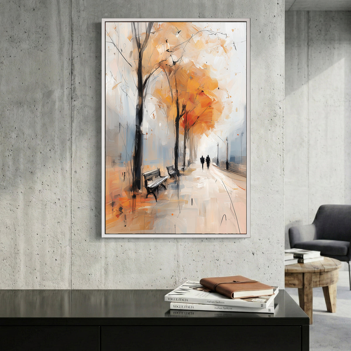 Autumn Park Bench Walk Painting canvas wall art print displayed in a styled living room